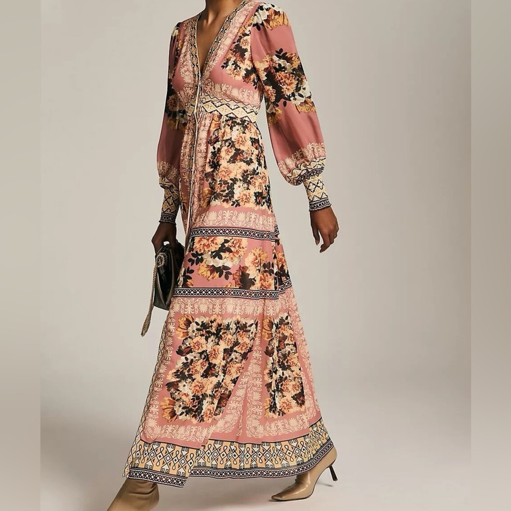 Anthropologie Vineet Bahl Embroidered Maxi Dress Size XSP